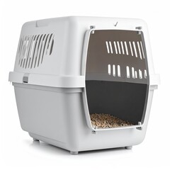 White plastic pet carrier, open top