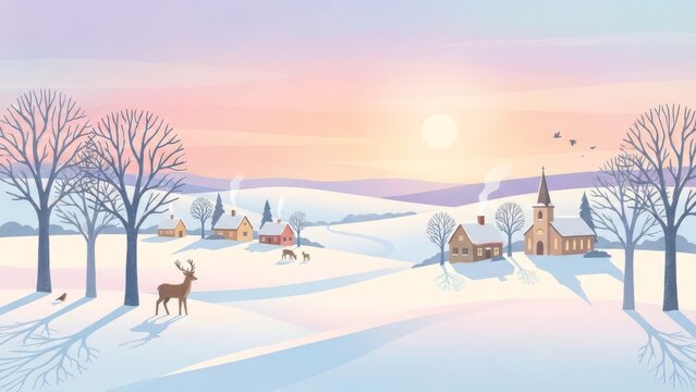 Winter Village Scene with Deer and Sunset.