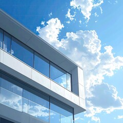 Modern building facade with large windows, angled towards a partly cloudy sky