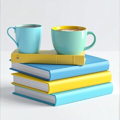 Two colorful mugs, teal and pastel yellow, sit atop a stack of books, teal, and yellow, on a plain background
