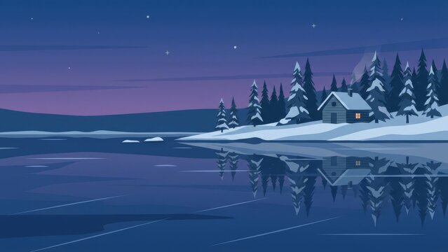 Tranquil Winter Lakefront Cabin Under Night Sky. - Powered by Adobe