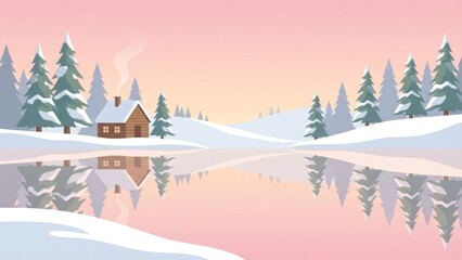 Fototapeta premium Cozy Winter Cabin By Calm Reflective Lake At Sunset.