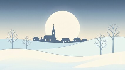 Obraz premium Quiet Winter Village Silhouettes Under a Large Sun.