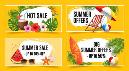 Summer sale banners, Tropical beach promotions, Discount offer illustrations, Hot season advertising graphics, Vector banner set with tropical leaves, beach elements, and summer sale text, Promotional