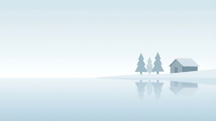 Serene Winter Lakeside Cabin Scene with Trees and Reflection.