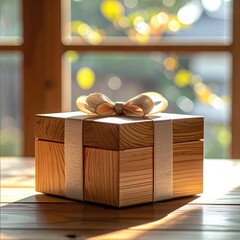 Wooden gift box with ribbon, bathed in sunlight by a window