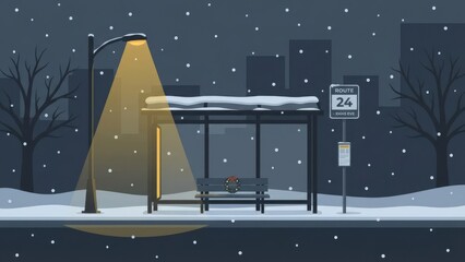 Snowy Night at Quiet City Bus Stop with Streetlight.