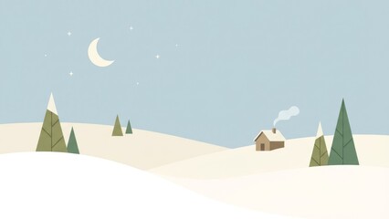 Serene Winter Landscape with Moonlit Snow and Trees.