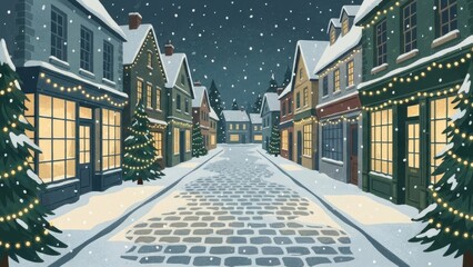 Cozy Snow Covered Village Street at Night.