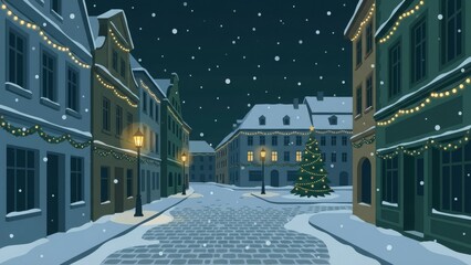 Cozy Snowy Night Street Scene in a Winter Town.