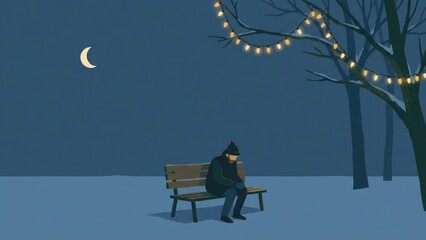 Quiet Moonlit Night Bench Scene Under String Lights.