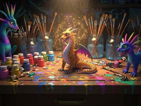 Magical 3D Rendering of a Colorful Alebrije Folk Art Creature in a Traditional Artisan Workshop Setting