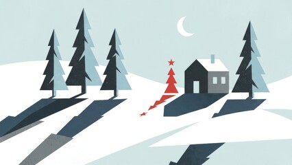 Peaceful Winter Village Scene in Snowy Forest.