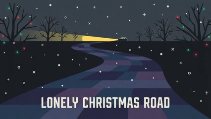 Lonely Christmas Road Under Snowy Night Sky.