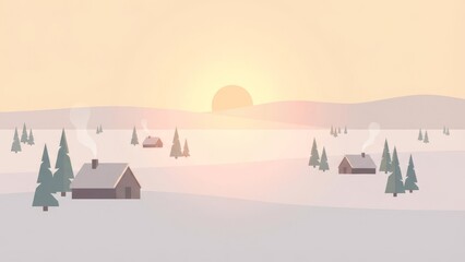 Quiet Winter Village Scene at Sunset with Snow.