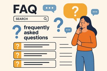 Person looks thoughtful while searching for answers among questions, with speech bubbles and text fields present.