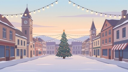 Snowy Town Center Christmas Tree in a Festive Street Scene.