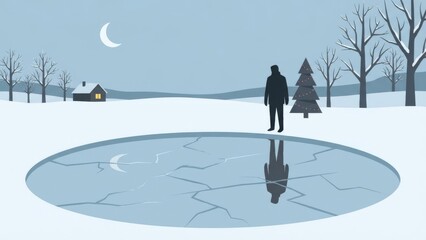Winter Night Scene With Silhouetted Couple Beside a Frozen Pond.