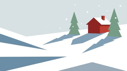 Peaceful Snowy Winter Landscape with Red House.