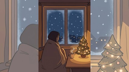 Warm candlelit Christmas scene with snowfall and window view.