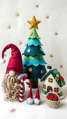 A festive holiday scene featuring a Christmas tree, a gnome, and a house surrounded by stars.