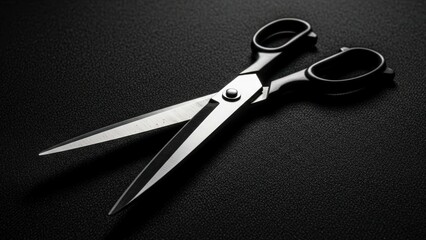 Sharp Metal Scissors Open on a Dark Textured Surface.