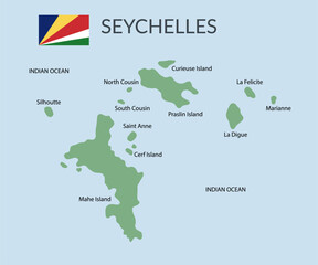 Seychelles geographical borders isolated on white background. Flag of Seychelles. Vector flat cliparts.