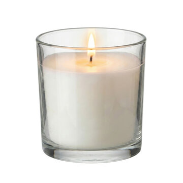 Lit white wax candle in glass holder on transparent background