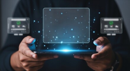 Man Holding Smartphone Displaying Holographic Digital Interface