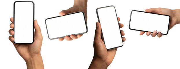 four hands holding smartphones in different orientations blank white screens isolated on transparent background modern devices technology