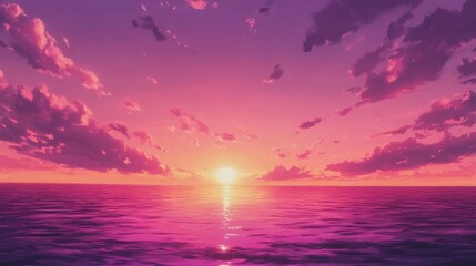Vibrant pink and purple sunset over calm ocean waters with scattered clouds
