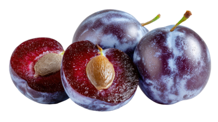 Fresh ripe plums with sliced halves showing juicy flesh and stone fruit texture isolated on white background