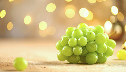 Obraz premium Uvas verdes frescas sobre fondo navideño elegante símbolo tradicional de la Nochevieja española de fin de año para celebrar el Año Nuevo y la buena suerte, con espacio para texto de felicitacion