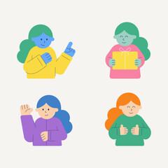Flat design colorful people characters showing positive gestures such as pointing, holding gift, waving, and thumbs up with simple human element for communication, celebration, approval, and interacti