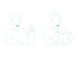 Minimal line style male character showing approval gesture and reading book element for learning, education, explanation, and information concept.