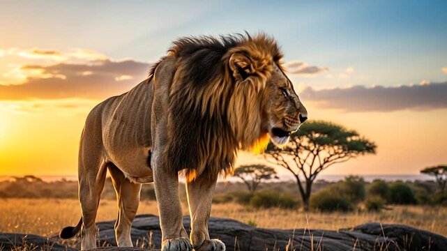 Lion standing with impressive mane in African savanna habitat