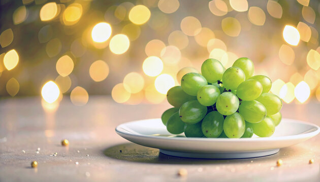 Uvas verdes frescas sobre fondo navide&ntilde;o elegante s&iacute;mbolo tradicional de la Nochevieja espa&ntilde;ola de fin de a&ntilde;o para celebrar el A&ntilde;o Nuevo y la buena suerte, con espacio para texto de felicitacion
