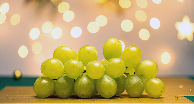 Uvas verdes frescas sobre fondo navide&ntilde;o elegante s&iacute;mbolo tradicional de la Nochevieja espa&ntilde;ola de fin de a&ntilde;o para celebrar el A&ntilde;o Nuevo y la buena suerte, con espacio para texto de felicitacion