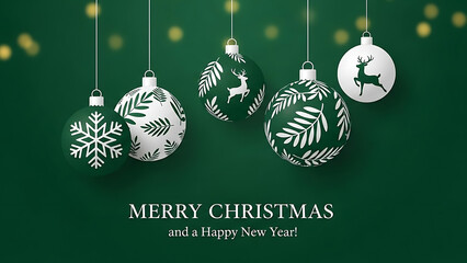 Christmas ornaments hanging from above with snowflake designs against a green background with festive lights