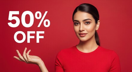 Young Woman Presenting 50% Off Sale on Red Background