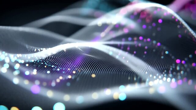Abstract flowing data visualization with glowing particles and light trails.