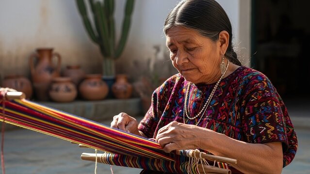 Realistic Documentary Portrait of an Indigenous Woman from Pueblos Ind&iacute;genas Weaving Traditional Mexican Textiles
