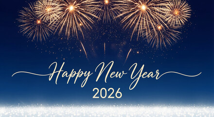 Festive image of golden firework on dark blue background with text Happy New Year 2026, representing celebration, joy and anticipation for future