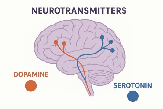 A diagram presents the human brain, highlighting pathways of dopamine and serotonin, providing a visual reference for educational use in neuroscience.
