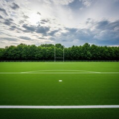 Empty green soccer field under cloudy sky