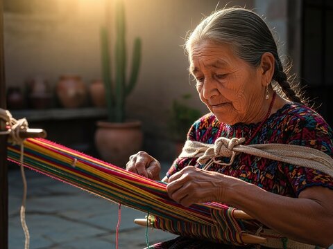 Realistic Documentary Portrait of an Indigenous Woman from Pueblos Ind&iacute;genas Weaving Traditional Mexican Textiles