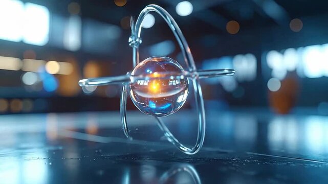 Abstract Atomic Structure Model With Glowing Core And Orbiting Rings In A Dark Industrial Setting With Blue And Orange Lights