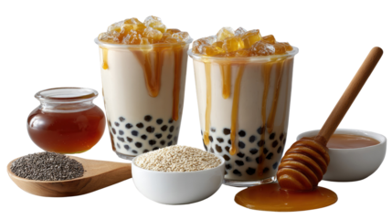 Honey Milk Tea: A duo of creamy milk tea delights, adorned with golden toppings, stand alongside the pure essence of honey and a medley of delectable ingredients