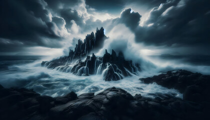 Fototapeta premium Illustration of Surreal Seascape with Jagged Rocks and Stormy Sky – Fantasy Ocean Scene