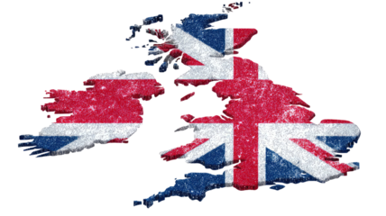United Kingdom map painted with national flag texture showing Great Britain geographic shape and patriotic colors isolated on white background